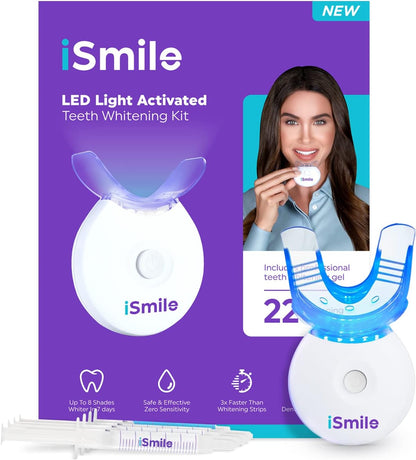 Kit de blanchiment des dents iSmile - Lumière LED, peroxyde de carbamide à 35 %, (3) seringues de gel de 3 ml, (1) gel de reminéralisation et plateau.