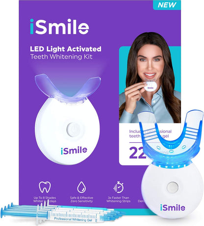 Kit de blanchiment des dents iSmile - Lumière LED, peroxyde de carbamide à 35 %, (3) seringues de gel de 3 ml, (1) gel de reminéralisation et plateau.